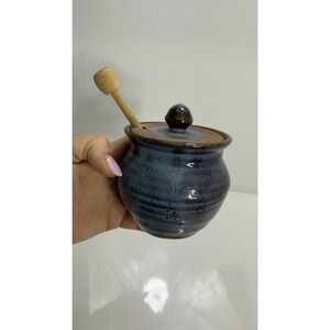 Ceramic 12 Ounce Honey Jar and Dipper Set,Porcelain Honey Pot with Lid and Blue